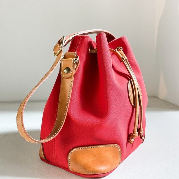 LAncel France Red Nylon Vachetta Leather Trim Drawstring Bucket Bag - Picture 2 of 9